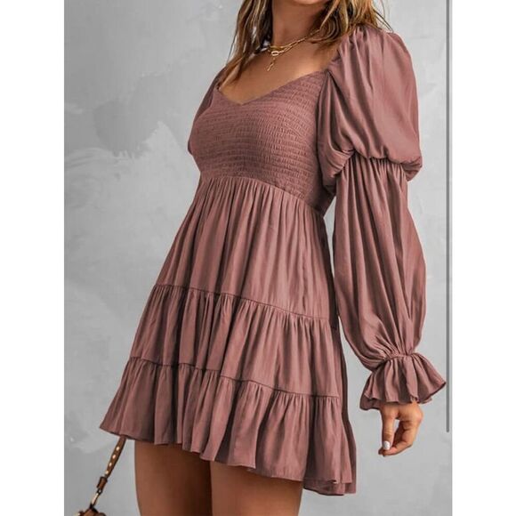 NEW Off The Shoulder V Neck Long Sleeve Ruffle Flowy Mini Dress L - Picture 3 of 6